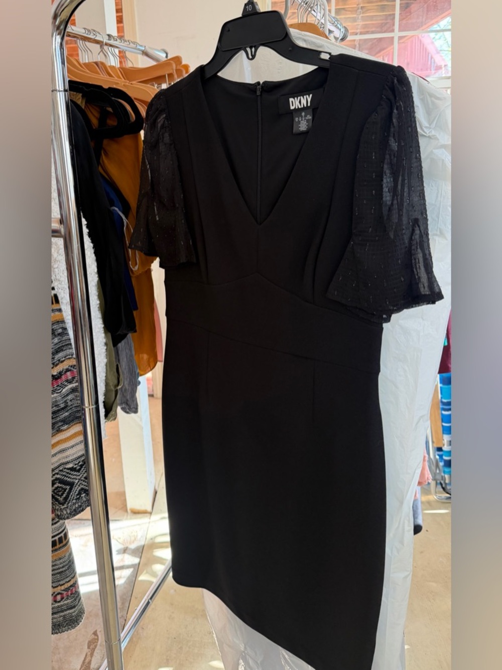 DKNY Black Mini Dress with Sheer Puff Sleeves